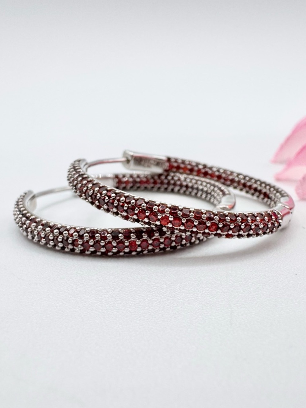 Red Pave Rhinestone Inside Out Hinged Hoop Earrings Silver Tone Signed 1 1/2”